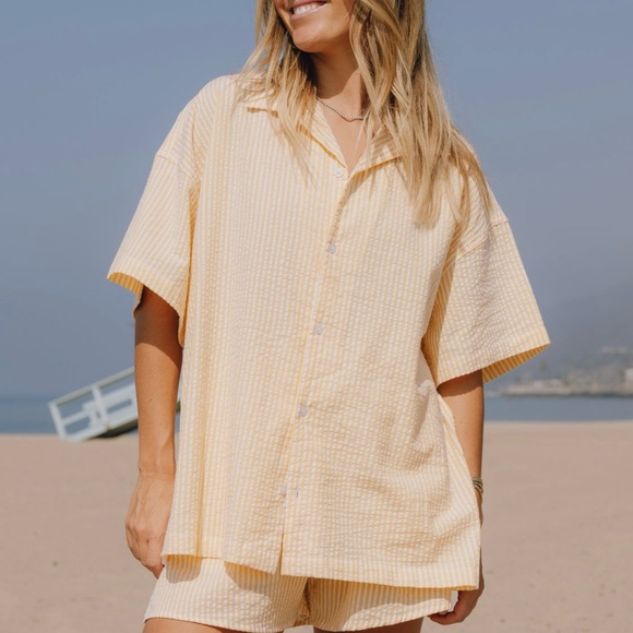 Daily Drills Tops - Daily Drills Seersucker Boxy Button Down Yellow (Mango) & White Stripe M/L